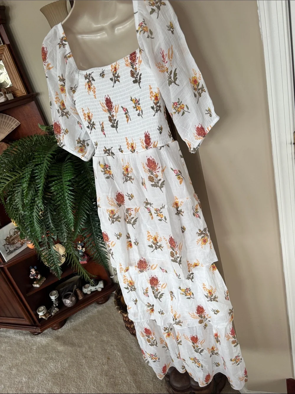 J. Gee White Boho Floral Tiered Maxi Dress Smocked Bodice Ruffle Puff Sleeves - Picture 13 of 15